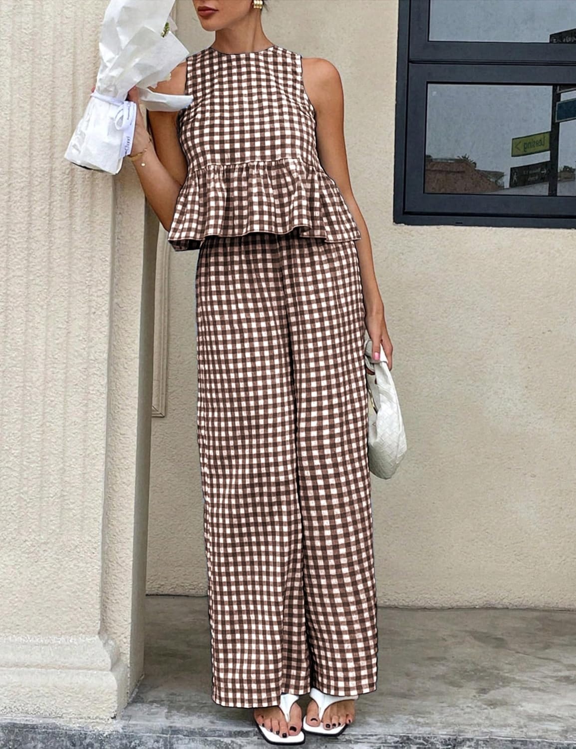 image:imageTanming Womens 2 Piece Set Outfits Gingham Plaid Tank Tops Wide Leg Pants Matching Lounge SetsCoffee