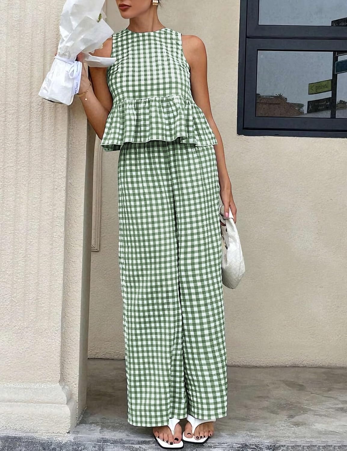 image:imageTanming Womens 2 Piece Set Outfits Gingham Plaid Tank Tops Wide Leg Pants Matching Lounge SetsDark Green