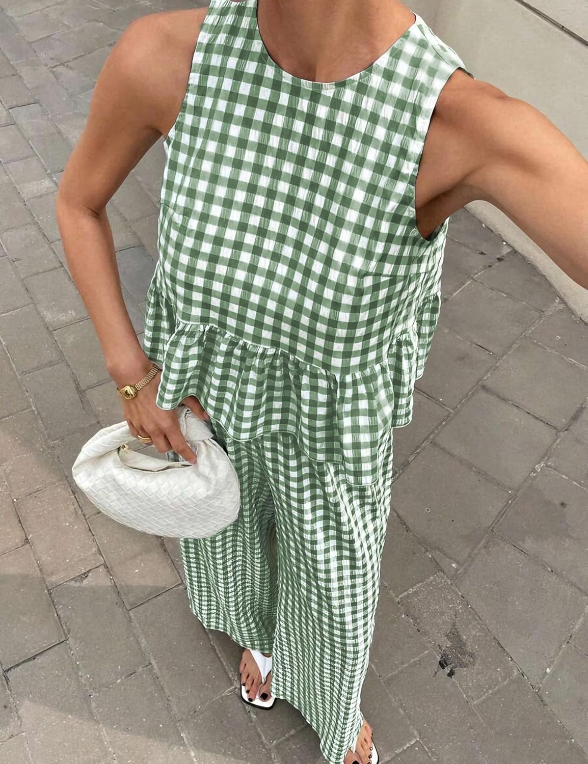 image:imageTanming Womens 2 Piece Set Outfits Gingham Plaid Tank Tops Wide Leg Pants Matching Lounge SetsDark Green