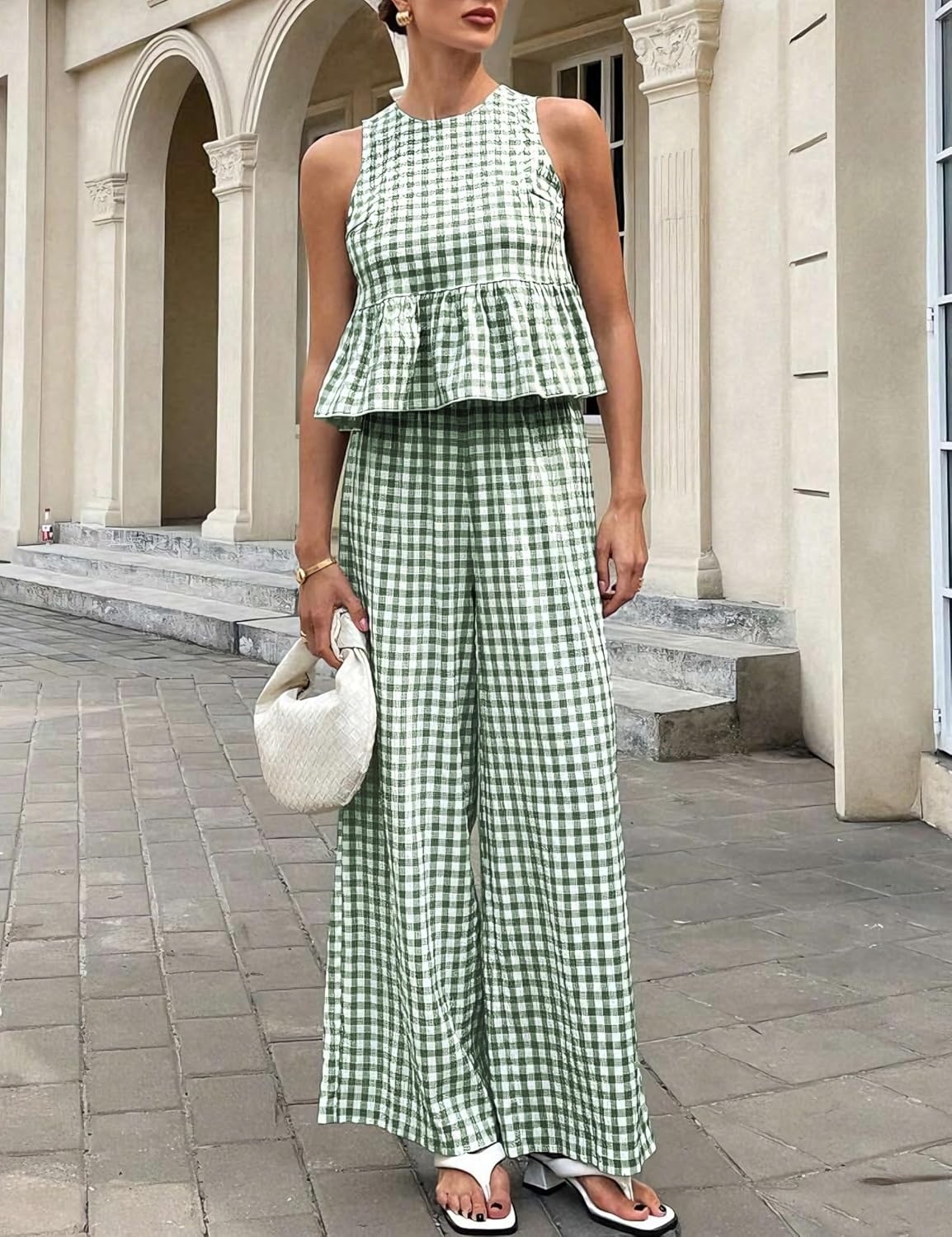 image:imageTanming Womens 2 Piece Set Outfits Gingham Plaid Tank Tops Wide Leg Pants Matching Lounge SetsDark Green