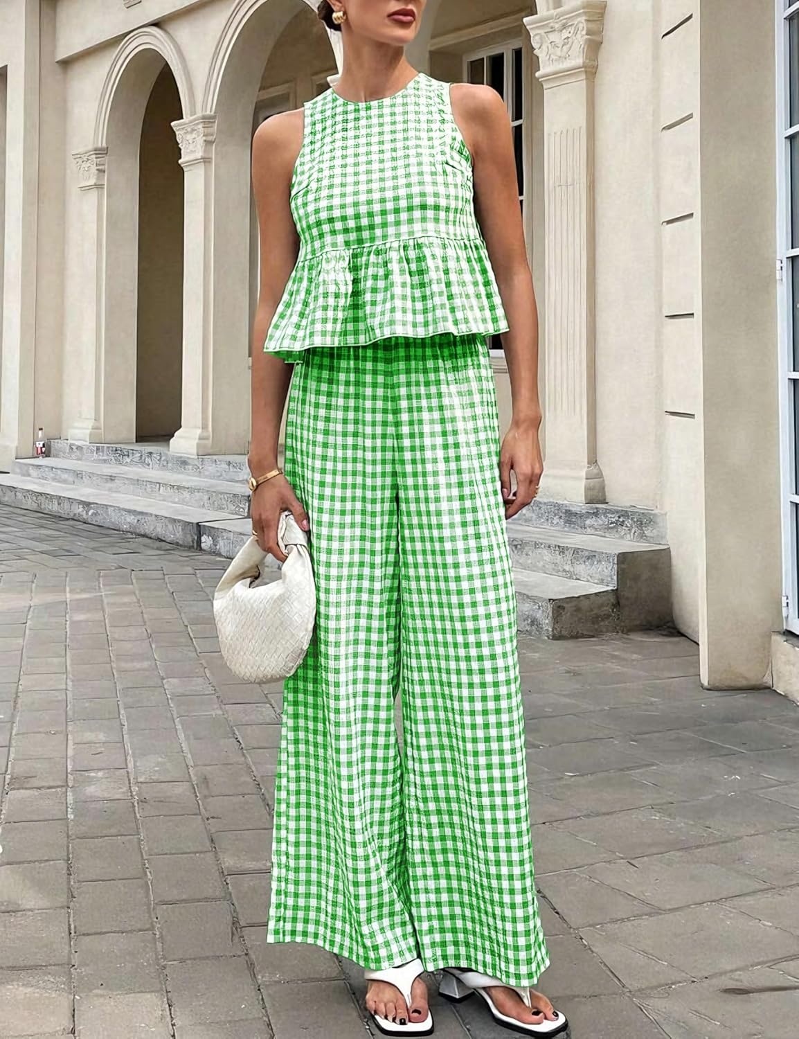 image:imageTanming Womens 2 Piece Set Outfits Gingham Plaid Tank Tops Wide Leg Pants Matching Lounge SetsGreen