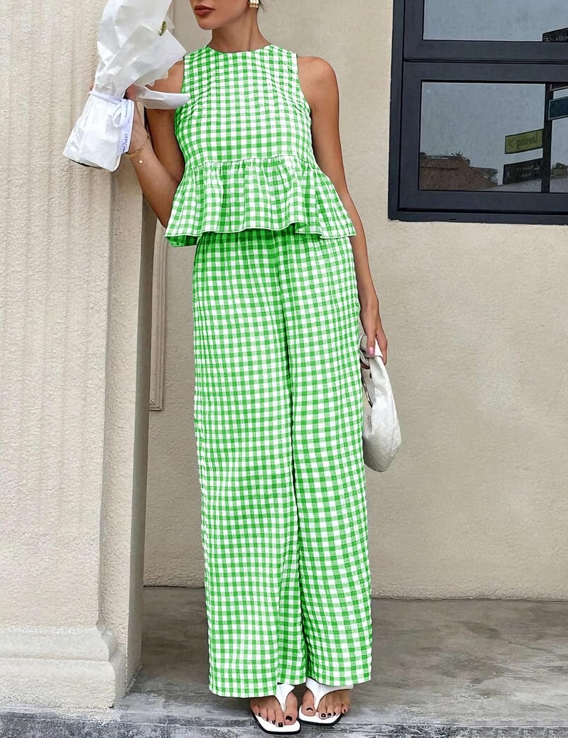 image:imageTanming Womens 2 Piece Set Outfits Gingham Plaid Tank Tops Wide Leg Pants Matching Lounge SetsGreen