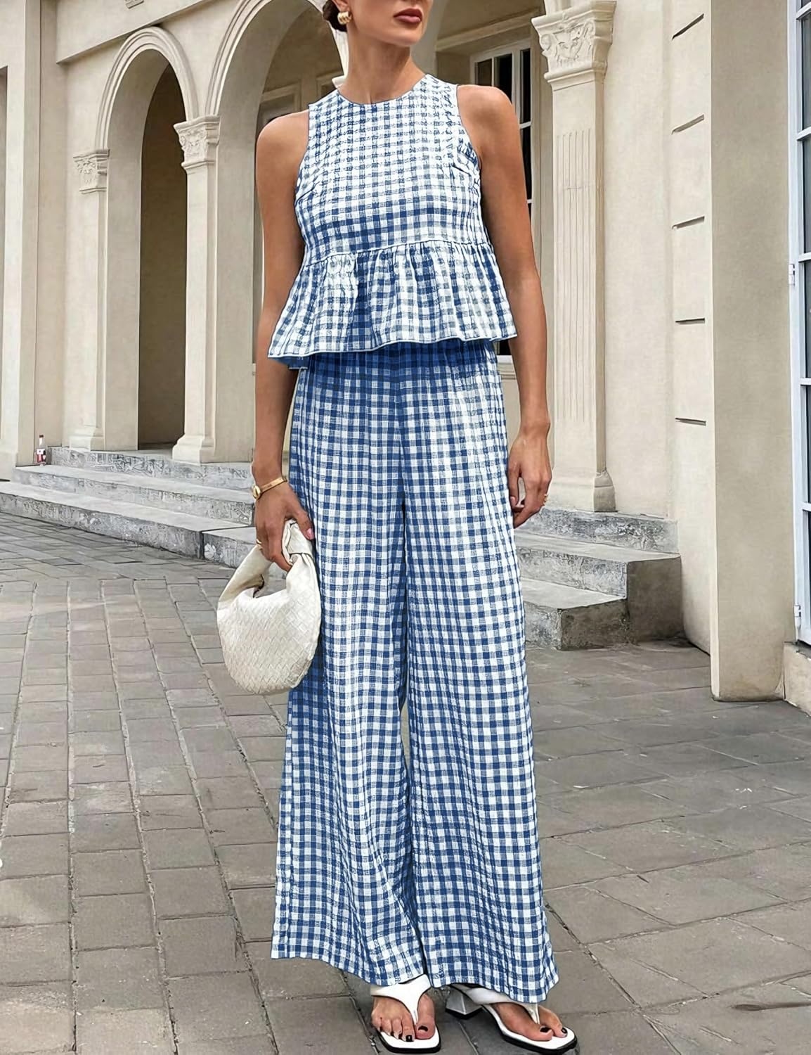 image:imageTanming Womens 2 Piece Set Outfits Gingham Plaid Tank Tops Wide Leg Pants Matching Lounge SetsNavy