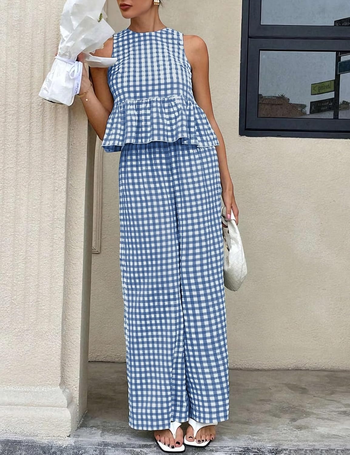image:imageTanming Womens 2 Piece Set Outfits Gingham Plaid Tank Tops Wide Leg Pants Matching Lounge SetsNavy