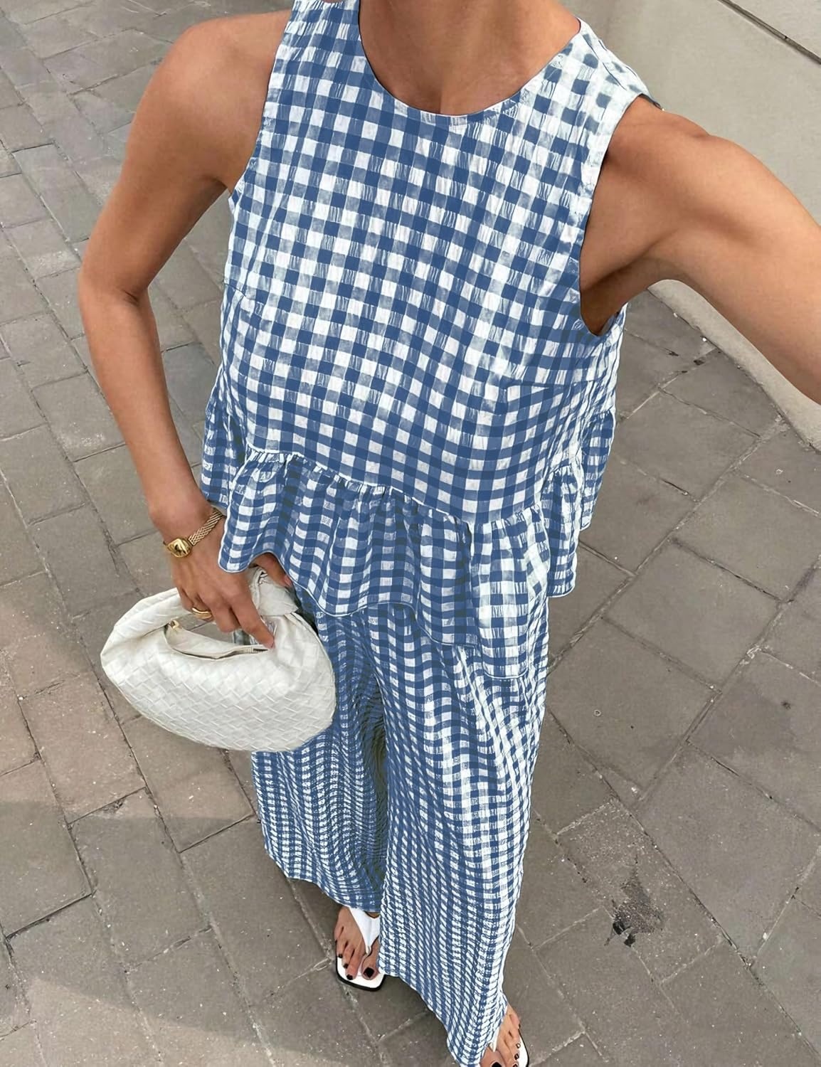 image:imageTanming Womens 2 Piece Set Outfits Gingham Plaid Tank Tops Wide Leg Pants Matching Lounge SetsNavy