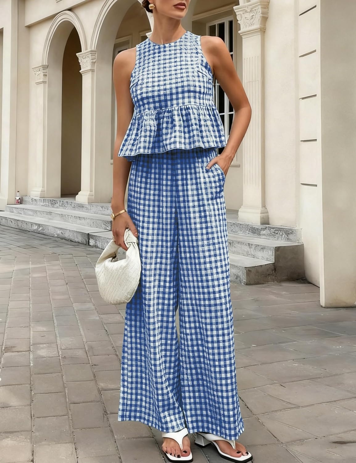 image:imageTanming Womens 2 Piece Set Outfits Gingham Plaid Tank Tops Wide Leg Pants Matching Lounge SetsNavy