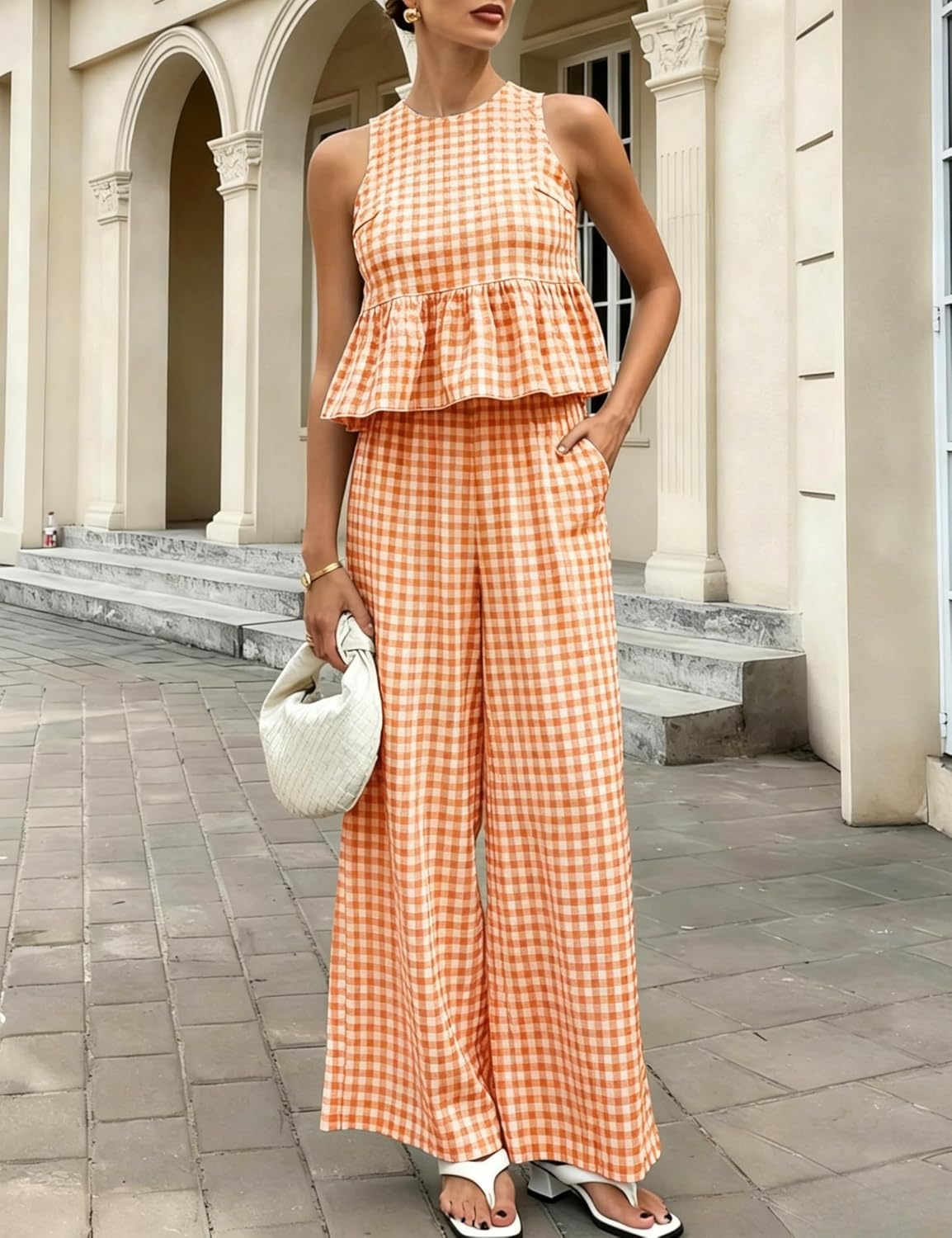 image:imageTanming Womens 2 Piece Set Outfits Gingham Plaid Tank Tops Wide Leg Pants Matching Lounge SetsOrange
