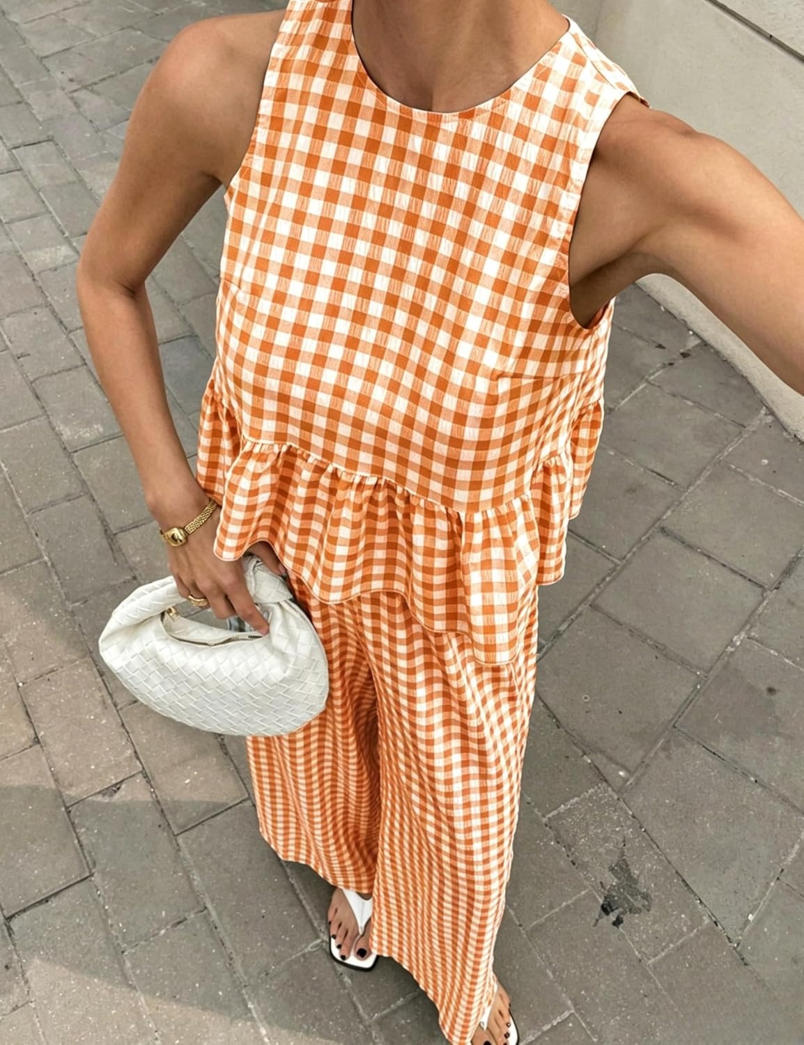 image:imageTanming Womens 2 Piece Set Outfits Gingham Plaid Tank Tops Wide Leg Pants Matching Lounge SetsOrange