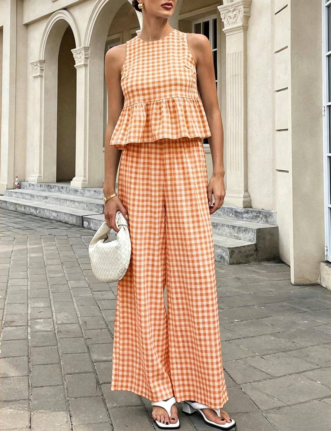 image:imageTanming Womens 2 Piece Set Outfits Gingham Plaid Tank Tops Wide Leg Pants Matching Lounge SetsOrange