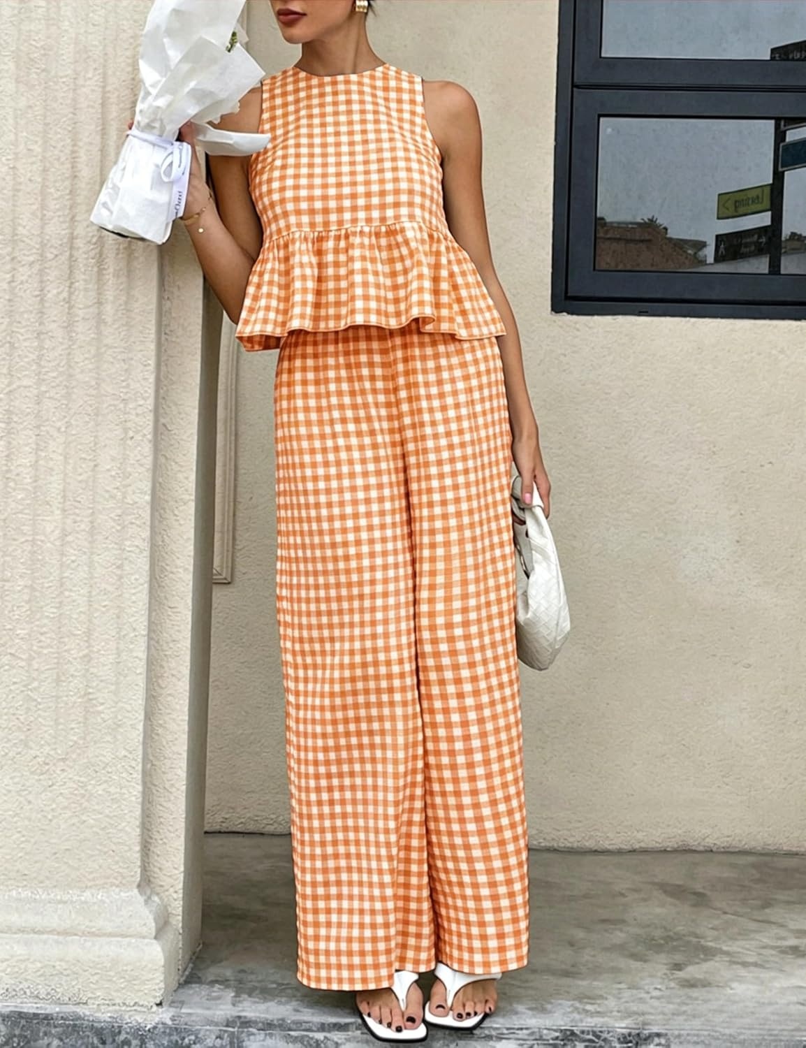 image:imageTanming Womens 2 Piece Set Outfits Gingham Plaid Tank Tops Wide Leg Pants Matching Lounge SetsOrange