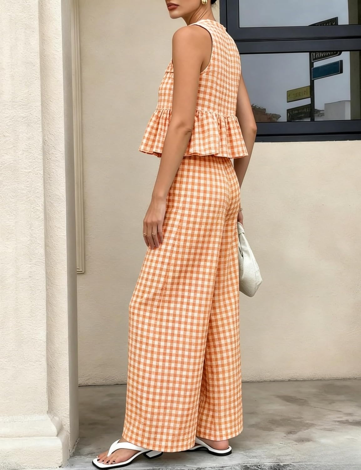 image:imageTanming Womens 2 Piece Set Outfits Gingham Plaid Tank Tops Wide Leg Pants Matching Lounge SetsOrange