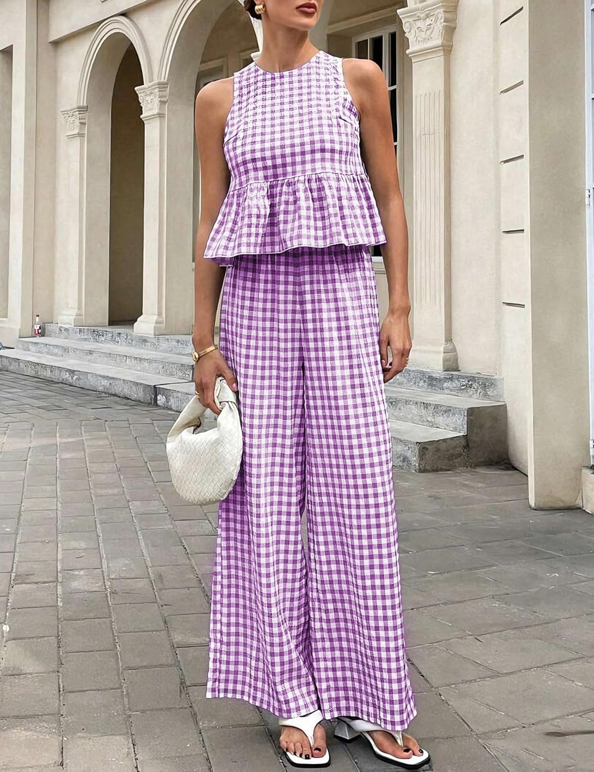 image:imageTanming Womens 2 Piece Set Outfits Gingham Plaid Tank Tops Wide Leg Pants Matching Lounge SetsPurple