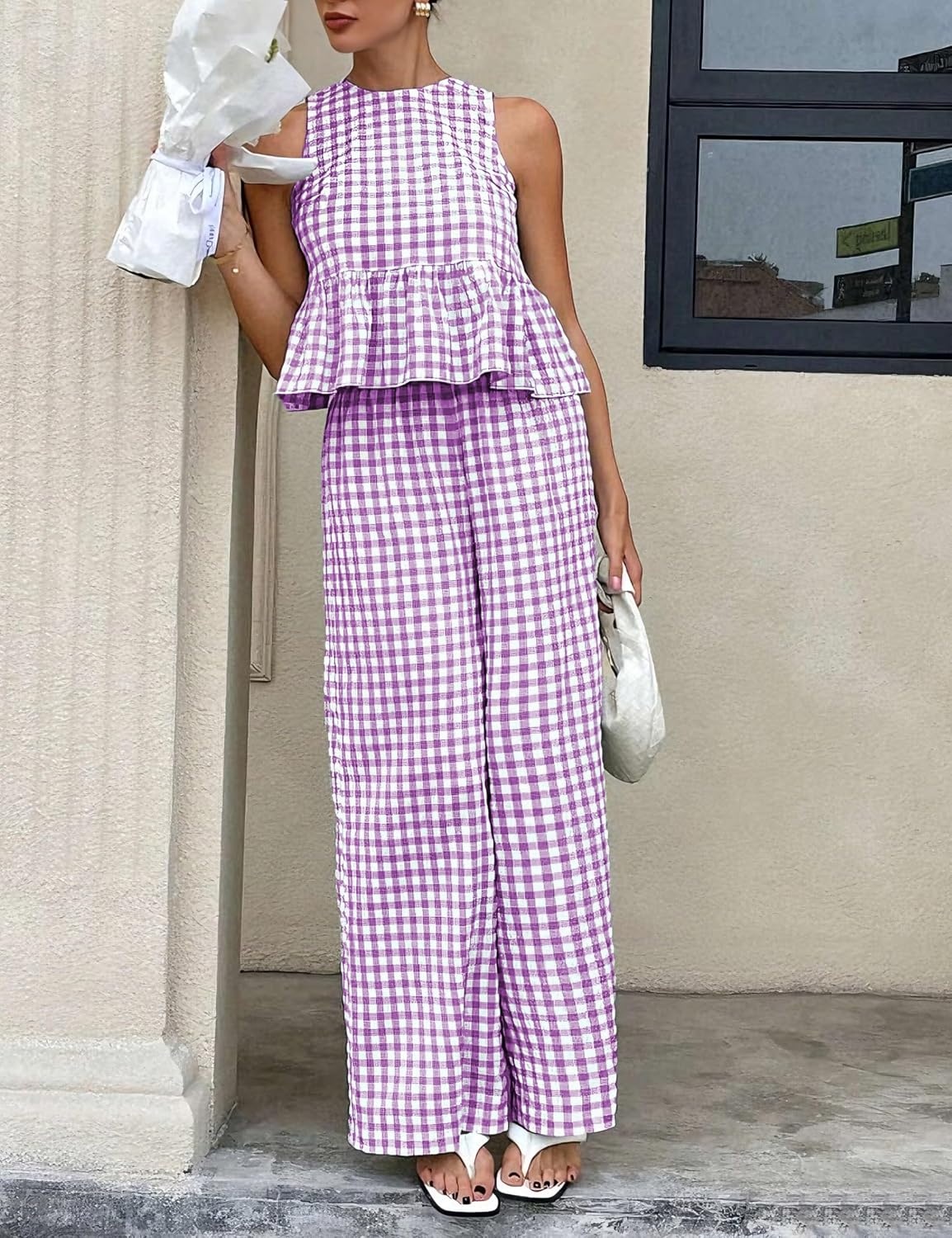 image:imageTanming Womens 2 Piece Set Outfits Gingham Plaid Tank Tops Wide Leg Pants Matching Lounge SetsPurple