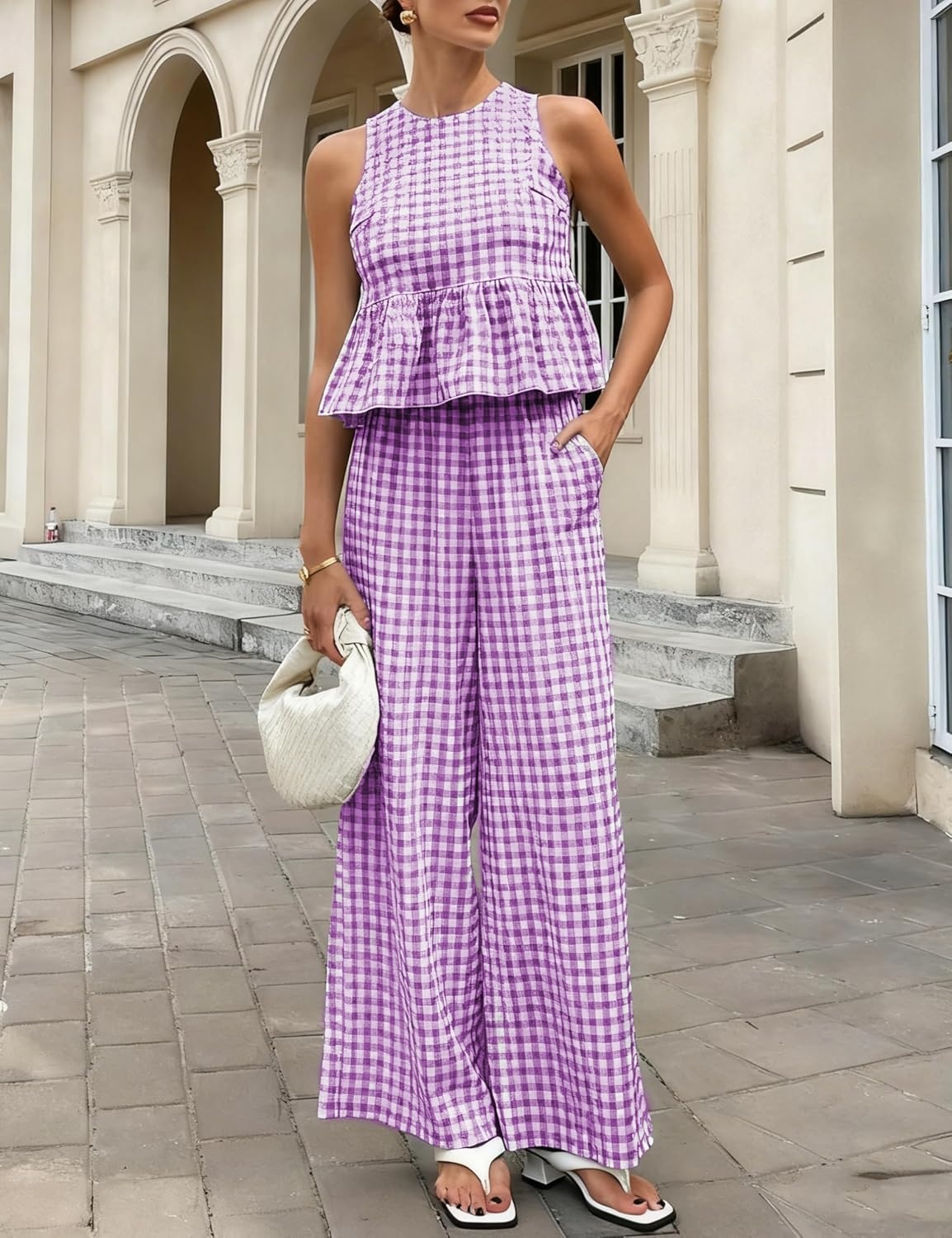 image:imageTanming Womens 2 Piece Set Outfits Gingham Plaid Tank Tops Wide Leg Pants Matching Lounge SetsPurple