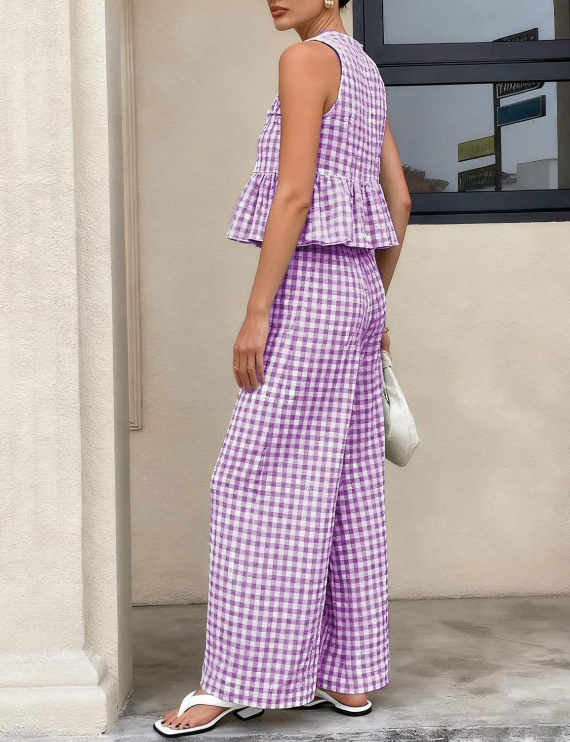 image:imageTanming Womens 2 Piece Set Outfits Gingham Plaid Tank Tops Wide Leg Pants Matching Lounge SetsPurple