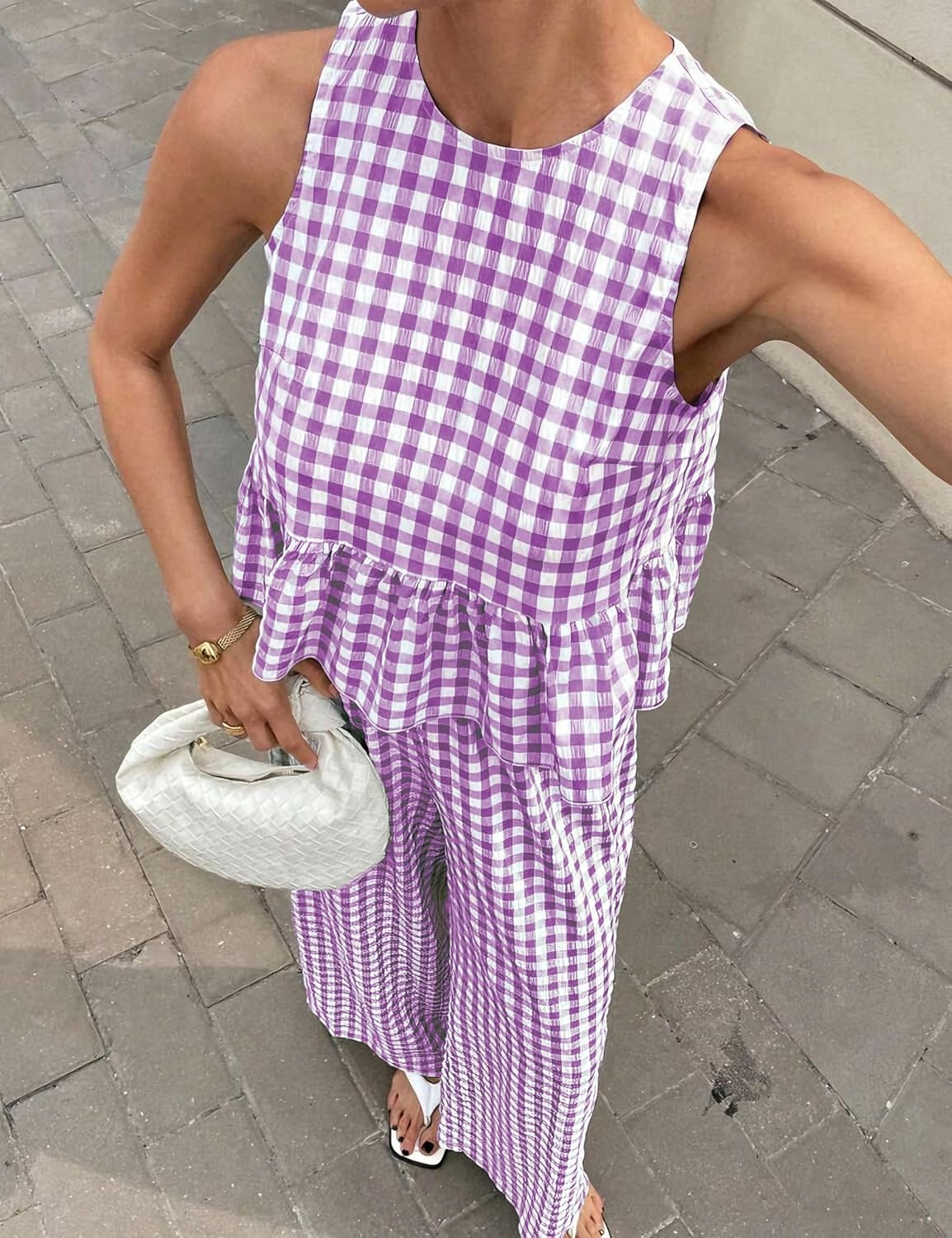 image:imageTanming Womens 2 Piece Set Outfits Gingham Plaid Tank Tops Wide Leg Pants Matching Lounge SetsPurple