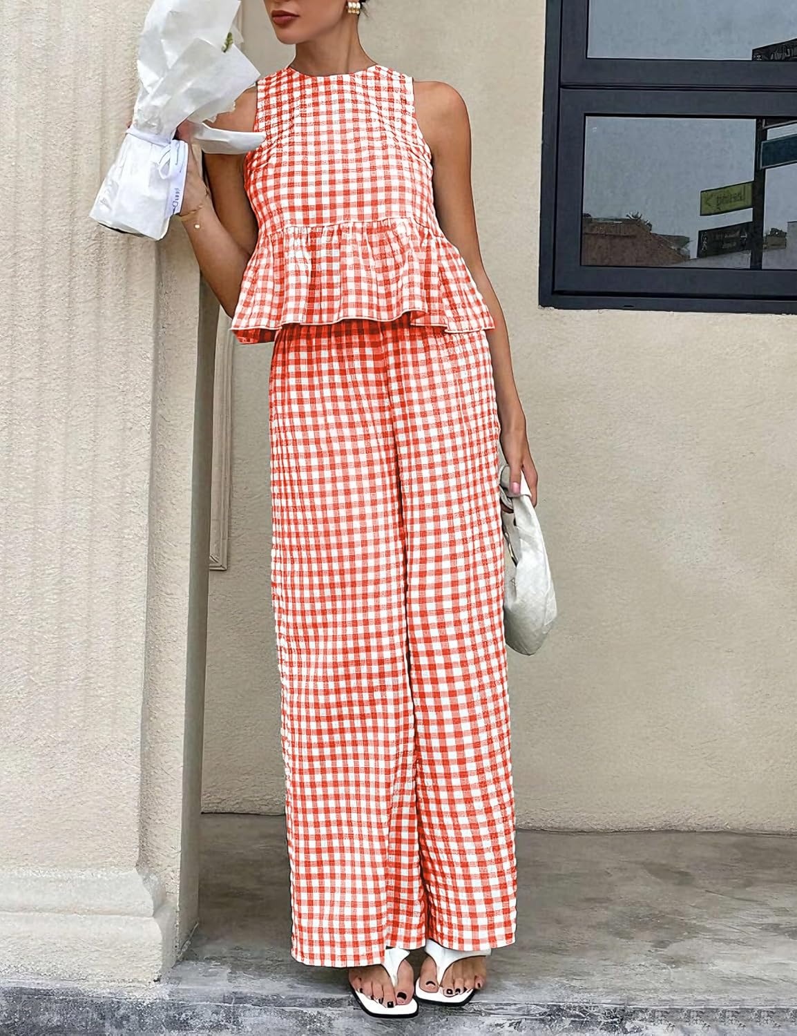 image:imageTanming Womens 2 Piece Set Outfits Gingham Plaid Tank Tops Wide Leg Pants Matching Lounge SetsRed