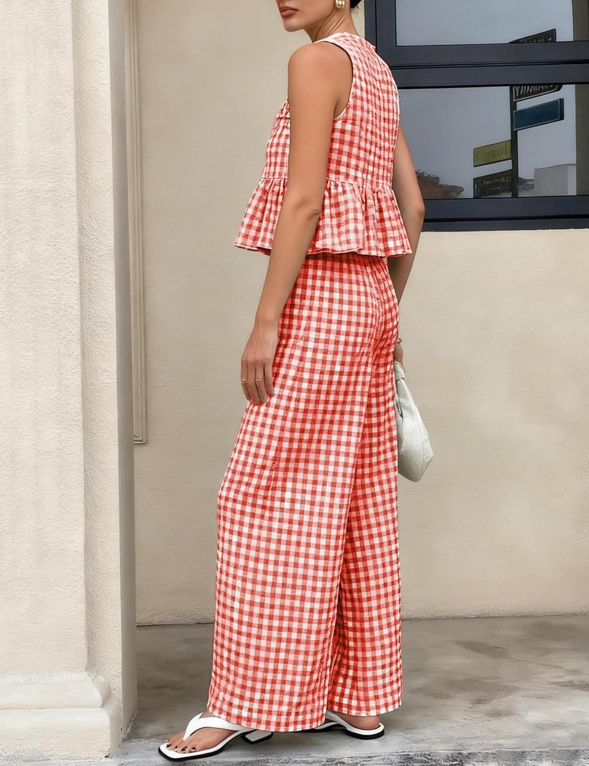 image:imageTanming Womens 2 Piece Set Outfits Gingham Plaid Tank Tops Wide Leg Pants Matching Lounge SetsRed