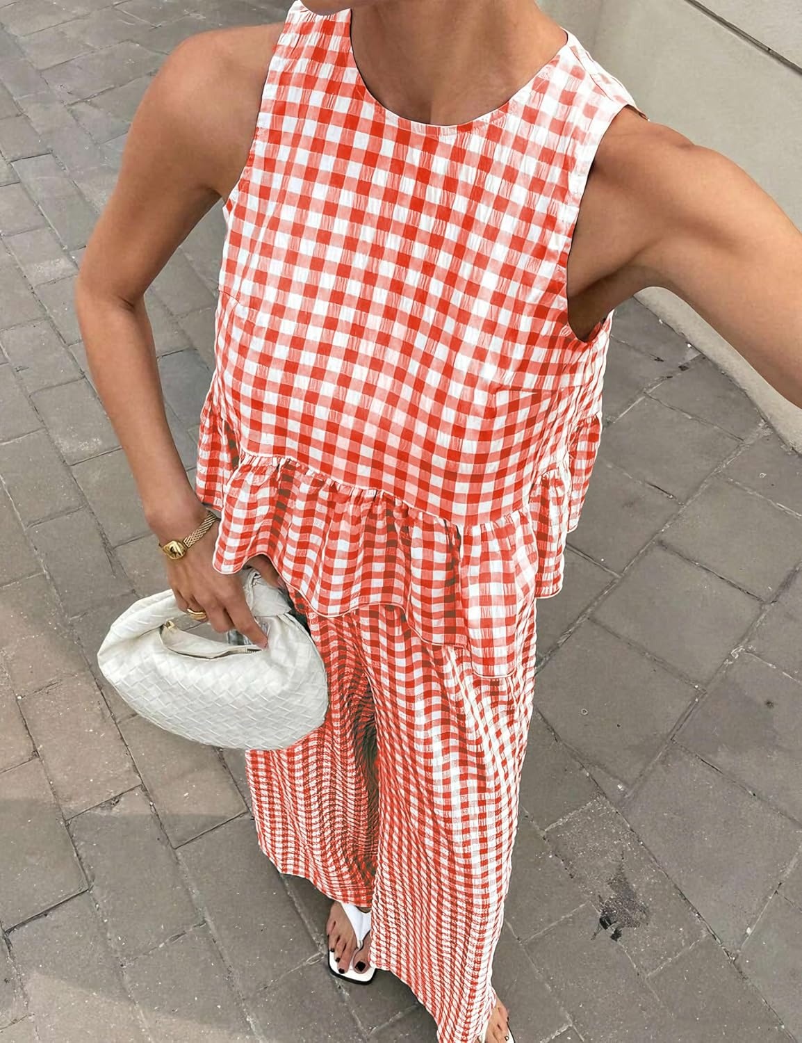 image:imageTanming Womens 2 Piece Set Outfits Gingham Plaid Tank Tops Wide Leg Pants Matching Lounge SetsRed