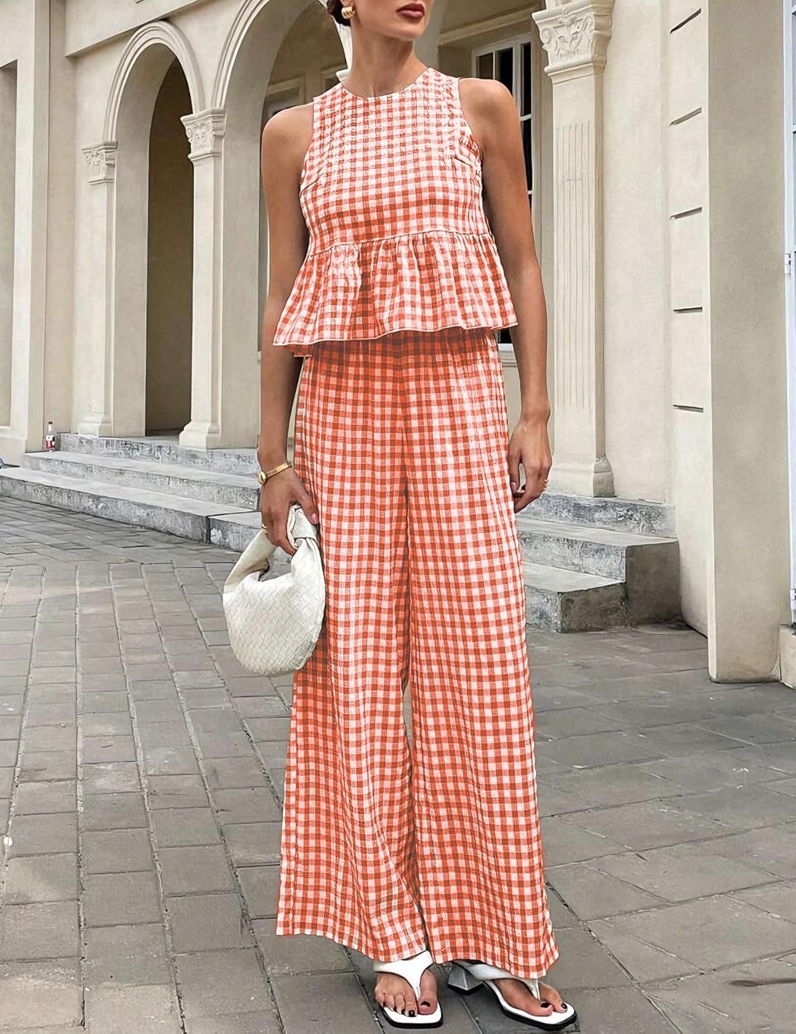 image:imageTanming Womens 2 Piece Set Outfits Gingham Plaid Tank Tops Wide Leg Pants Matching Lounge SetsRed
