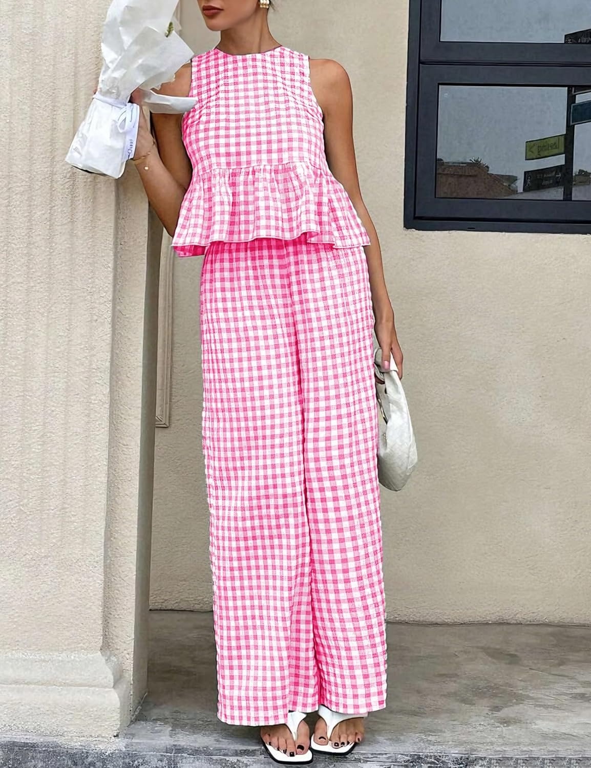 image:imageTanming Womens 2 Piece Set Outfits Gingham Plaid Tank Tops Wide Leg Pants Matching Lounge SetsRose Red