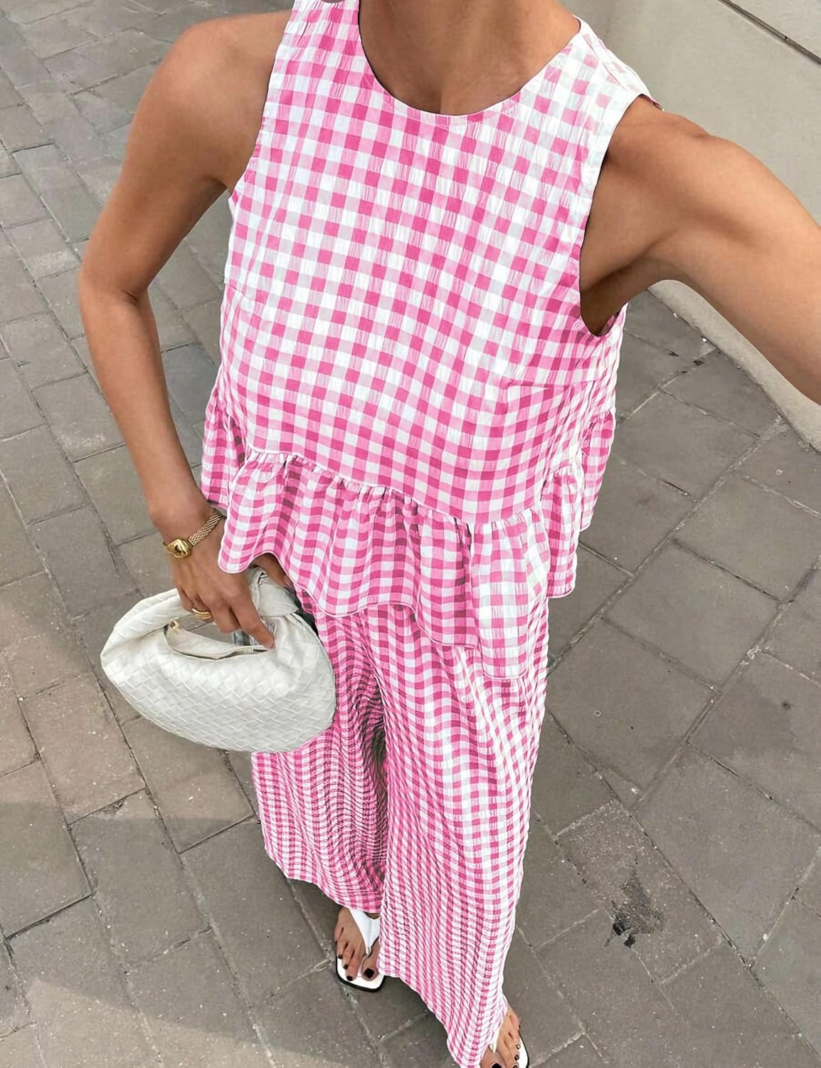 image:imageTanming Womens 2 Piece Set Outfits Gingham Plaid Tank Tops Wide Leg Pants Matching Lounge SetsRose Red