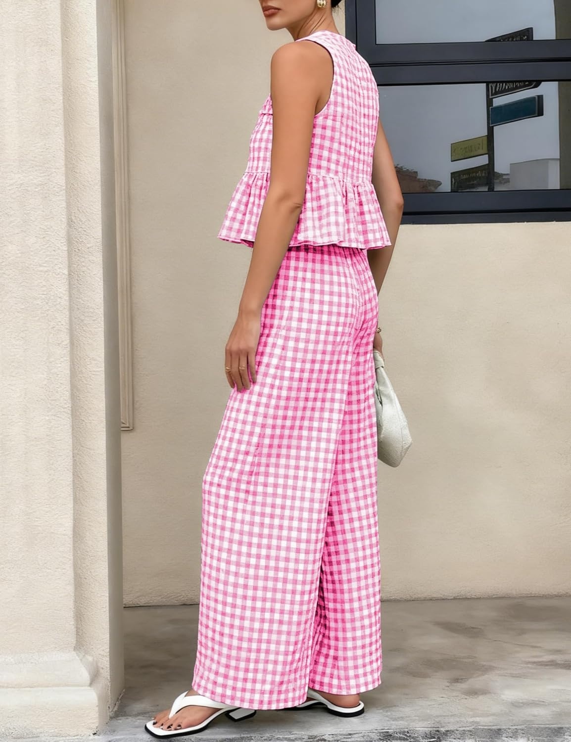 image:imageTanming Womens 2 Piece Set Outfits Gingham Plaid Tank Tops Wide Leg Pants Matching Lounge SetsRose Red