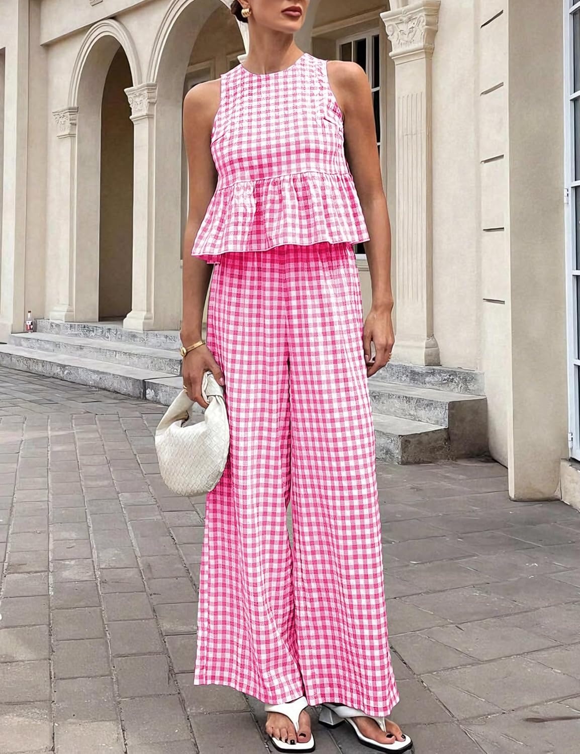 image:imageTanming Womens 2 Piece Set Outfits Gingham Plaid Tank Tops Wide Leg Pants Matching Lounge SetsRose Red