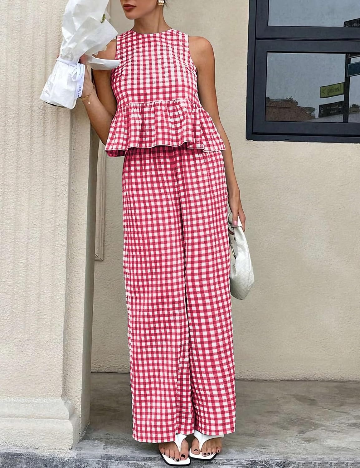 image:imageTanming Womens 2 Piece Set Outfits Gingham Plaid Tank Tops Wide Leg Pants Matching Lounge SetsWine Red