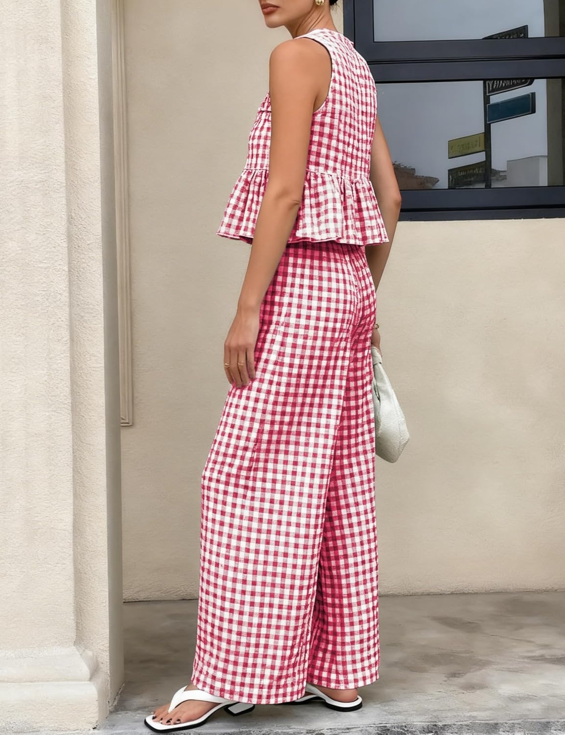 image:imageTanming Womens 2 Piece Set Outfits Gingham Plaid Tank Tops Wide Leg Pants Matching Lounge SetsWine Red