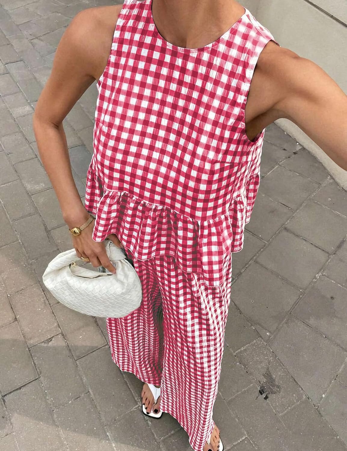 image:imageTanming Womens 2 Piece Set Outfits Gingham Plaid Tank Tops Wide Leg Pants Matching Lounge SetsWine Red
