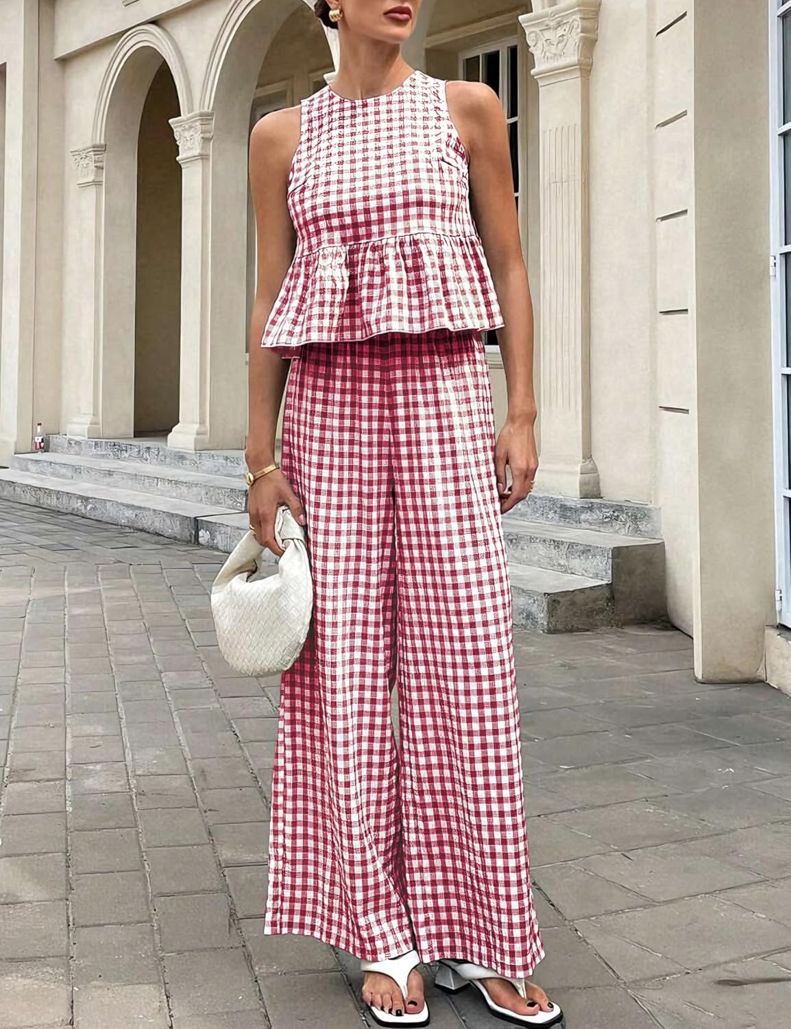 image:imageTanming Womens 2 Piece Set Outfits Gingham Plaid Tank Tops Wide Leg Pants Matching Lounge SetsWine Red