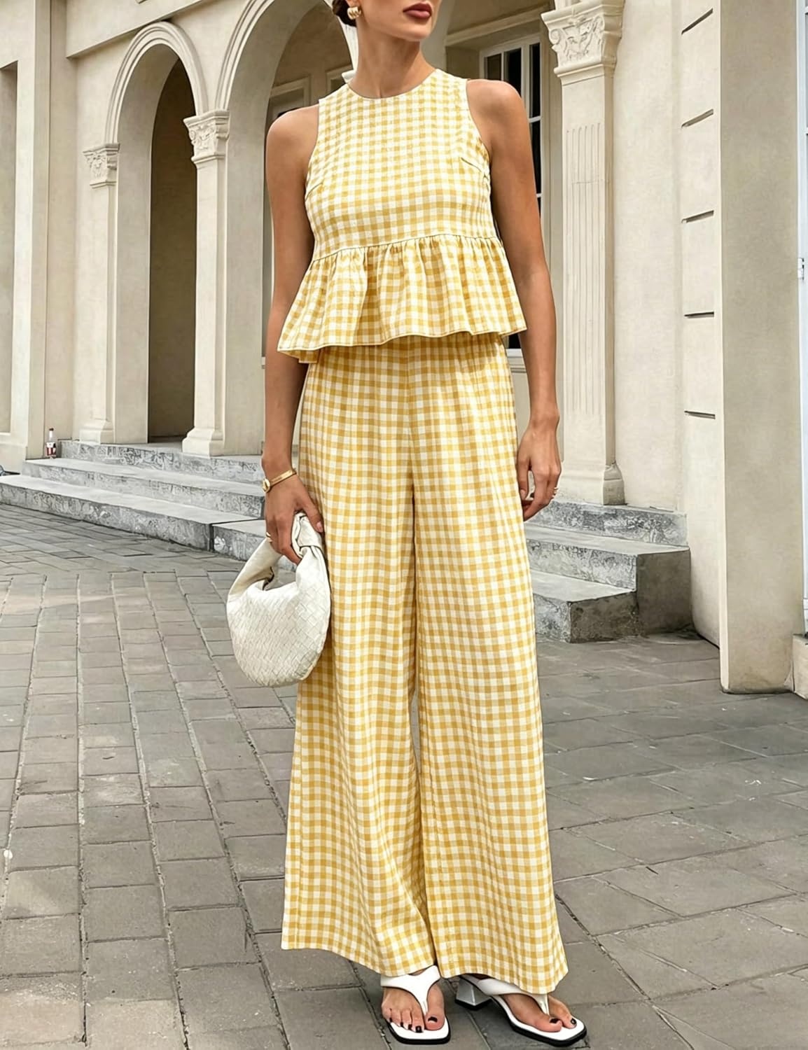 image:imageTanming Womens 2 Piece Set Outfits Gingham Plaid Tank Tops Wide Leg Pants Matching Lounge SetsYellow