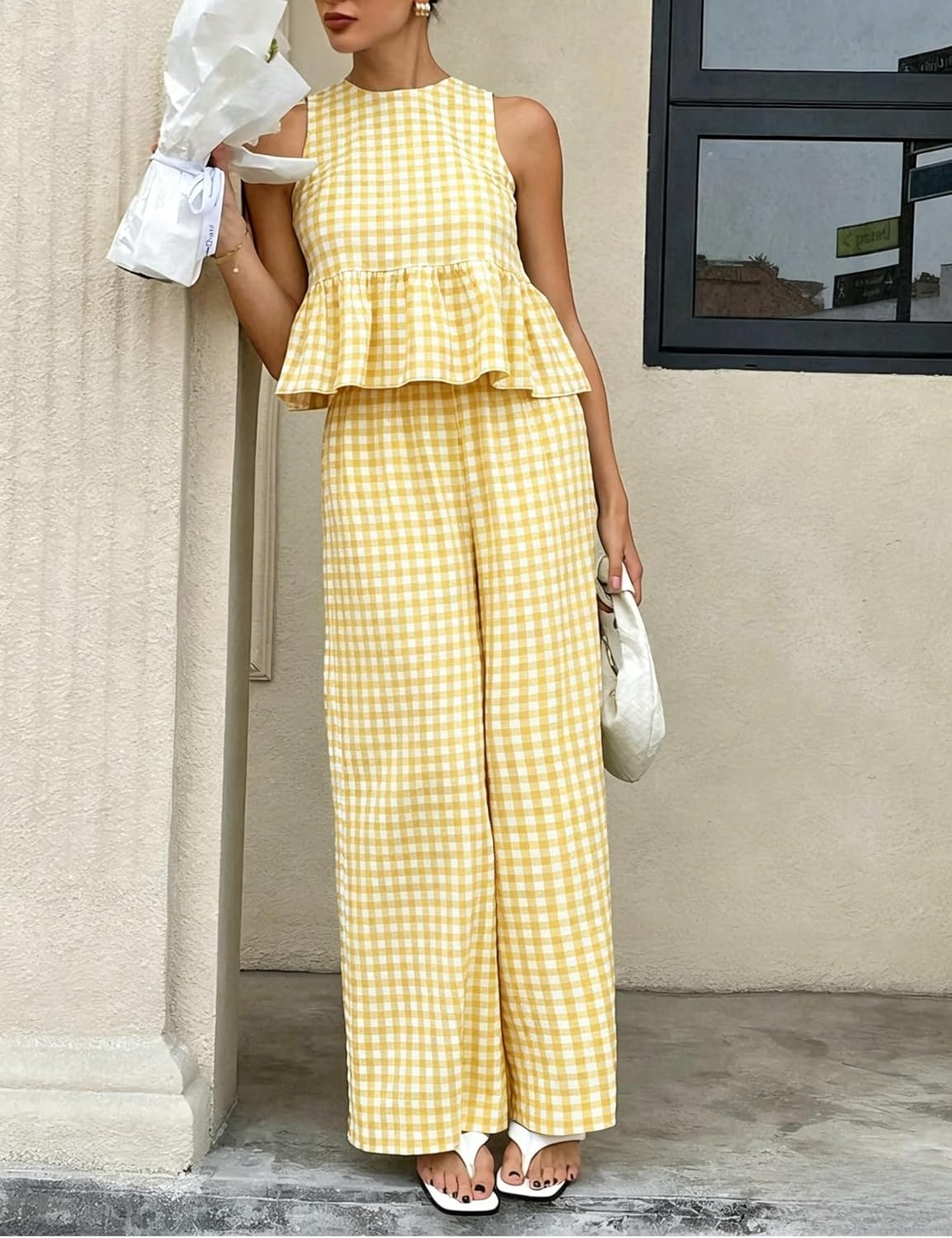 image:imageTanming Womens 2 Piece Set Outfits Gingham Plaid Tank Tops Wide Leg Pants Matching Lounge SetsYellow