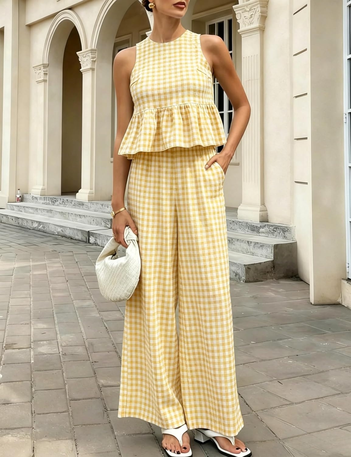 image:imageTanming Womens 2 Piece Set Outfits Gingham Plaid Tank Tops Wide Leg Pants Matching Lounge SetsYellow