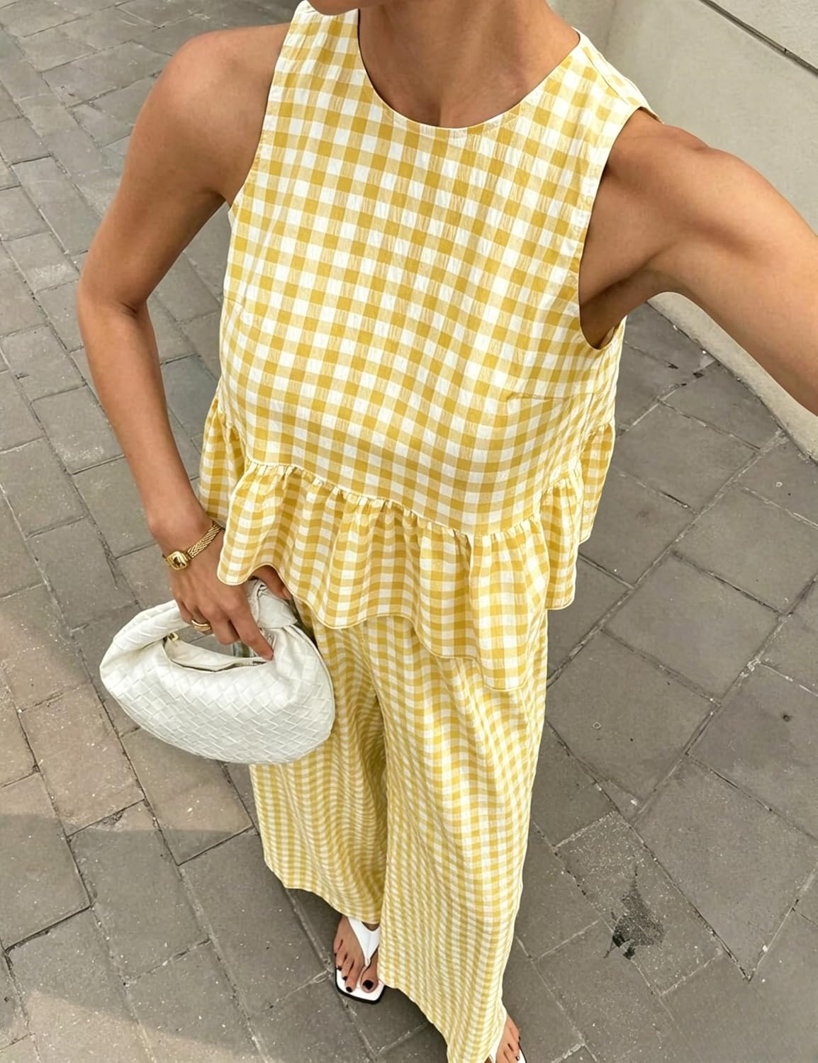 image:imageTanming Womens 2 Piece Set Outfits Gingham Plaid Tank Tops Wide Leg Pants Matching Lounge SetsYellow