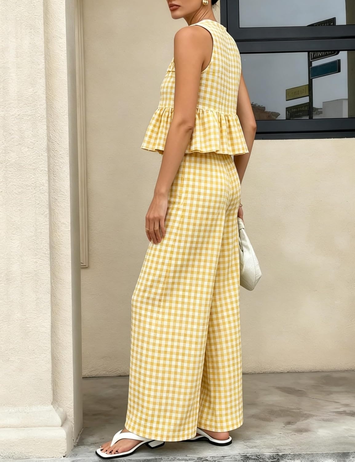 image:imageTanming Womens 2 Piece Set Outfits Gingham Plaid Tank Tops Wide Leg Pants Matching Lounge SetsYellow