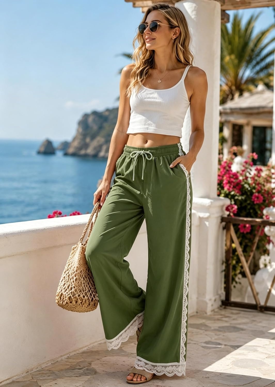image:imageTanming Womens Elastic Waist Baggy Wide Leg Workout Track Pants Adjustable Drawstring Lightweight Fabric Parachute Pants Ease of Movement Lace Trim Casual Workout DailywearGreen