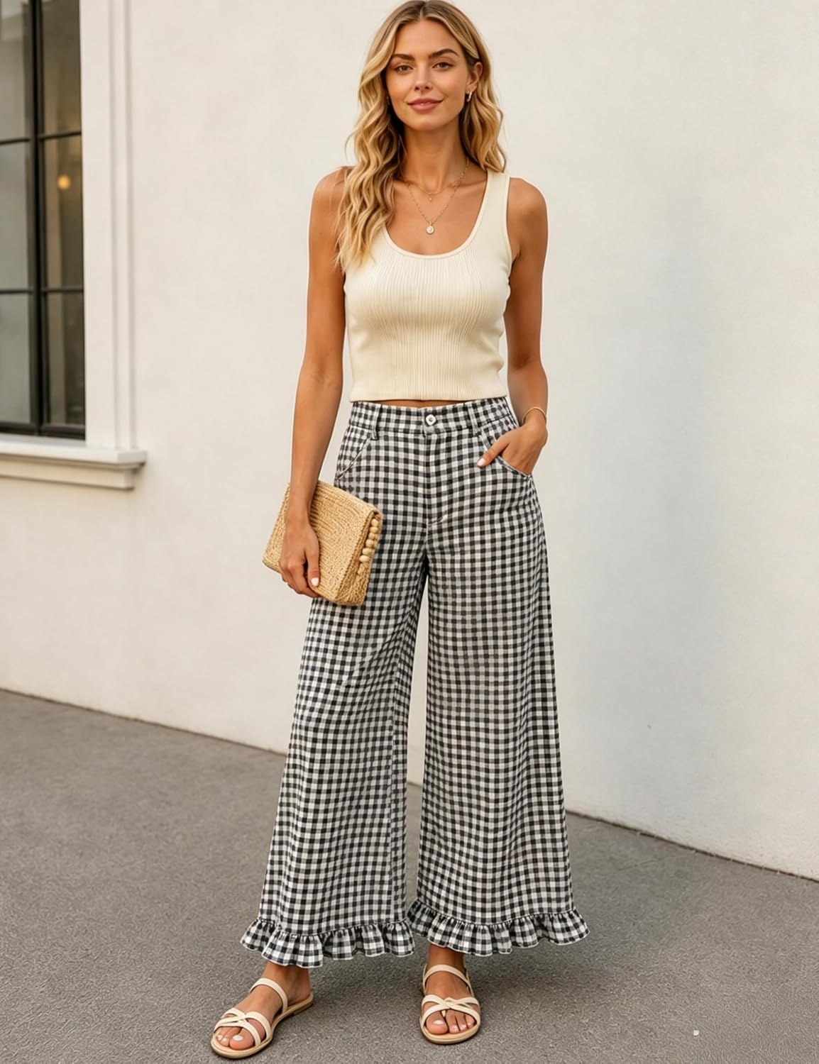image:imageTanming Womens Gingham Pants Casual Cotton Wide Leg Ruffle Hem Lounge Pants Plaid Trousers with PocketsBlack