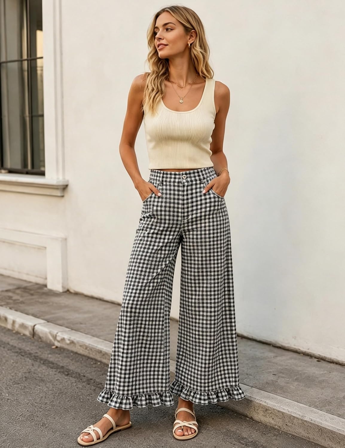 image:imageTanming Womens Gingham Pants Casual Cotton Wide Leg Ruffle Hem Lounge Pants Plaid Trousers with PocketsBlack