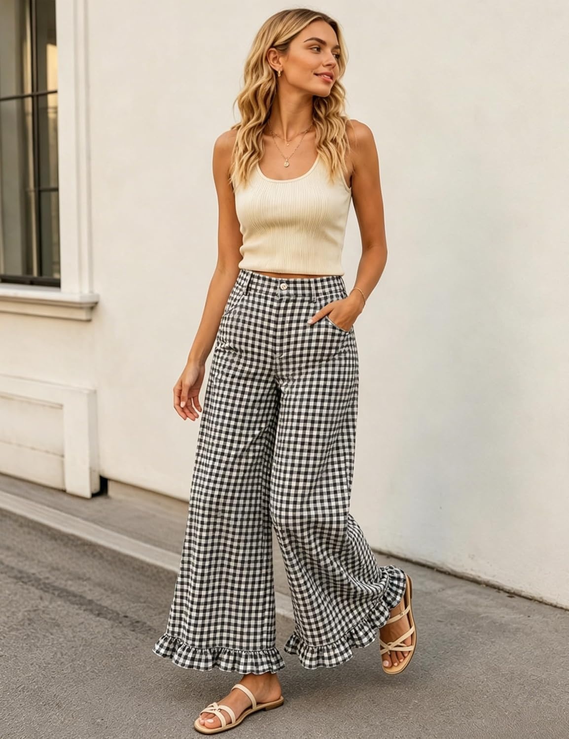 image:imageTanming Womens Gingham Pants Casual Cotton Wide Leg Ruffle Hem Lounge Pants Plaid Trousers with PocketsBlack