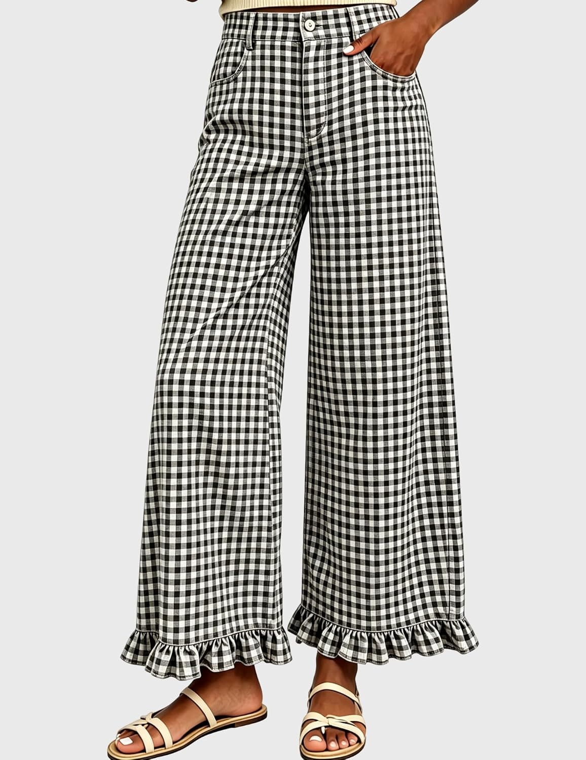 image:imageTanming Womens Gingham Pants Casual Cotton Wide Leg Ruffle Hem Lounge Pants Plaid Trousers with PocketsBlack