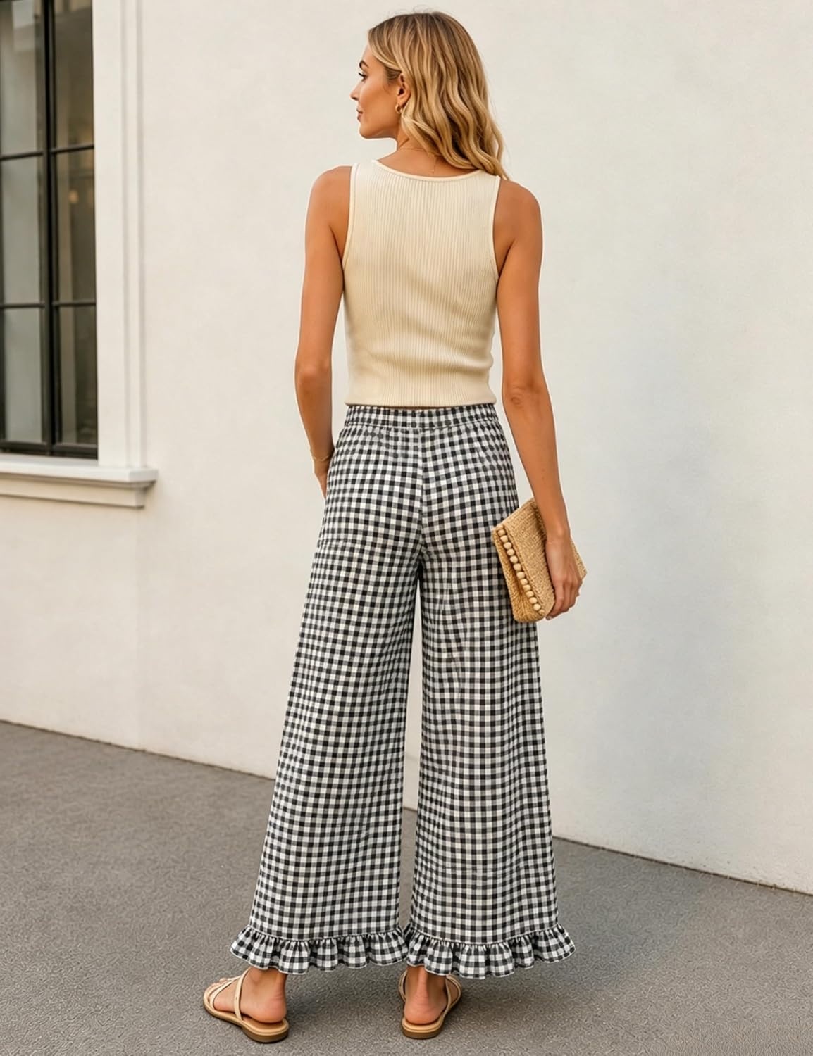 image:imageTanming Womens Gingham Pants Casual Cotton Wide Leg Ruffle Hem Lounge Pants Plaid Trousers with PocketsBlack
