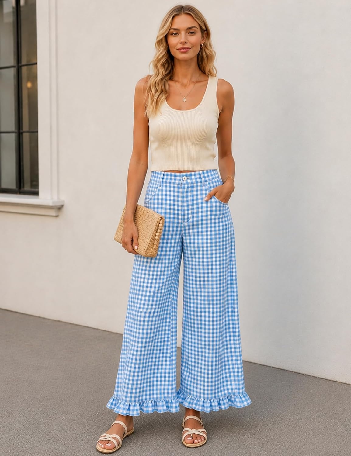 image:imageTanming Womens Gingham Pants Casual Cotton Wide Leg Ruffle Hem Lounge Pants Plaid Trousers with PocketsBlue