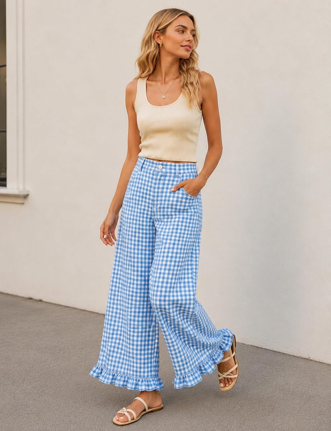 image:imageTanming Womens Gingham Pants Casual Cotton Wide Leg Ruffle Hem Lounge Pants Plaid Trousers with PocketsBlue