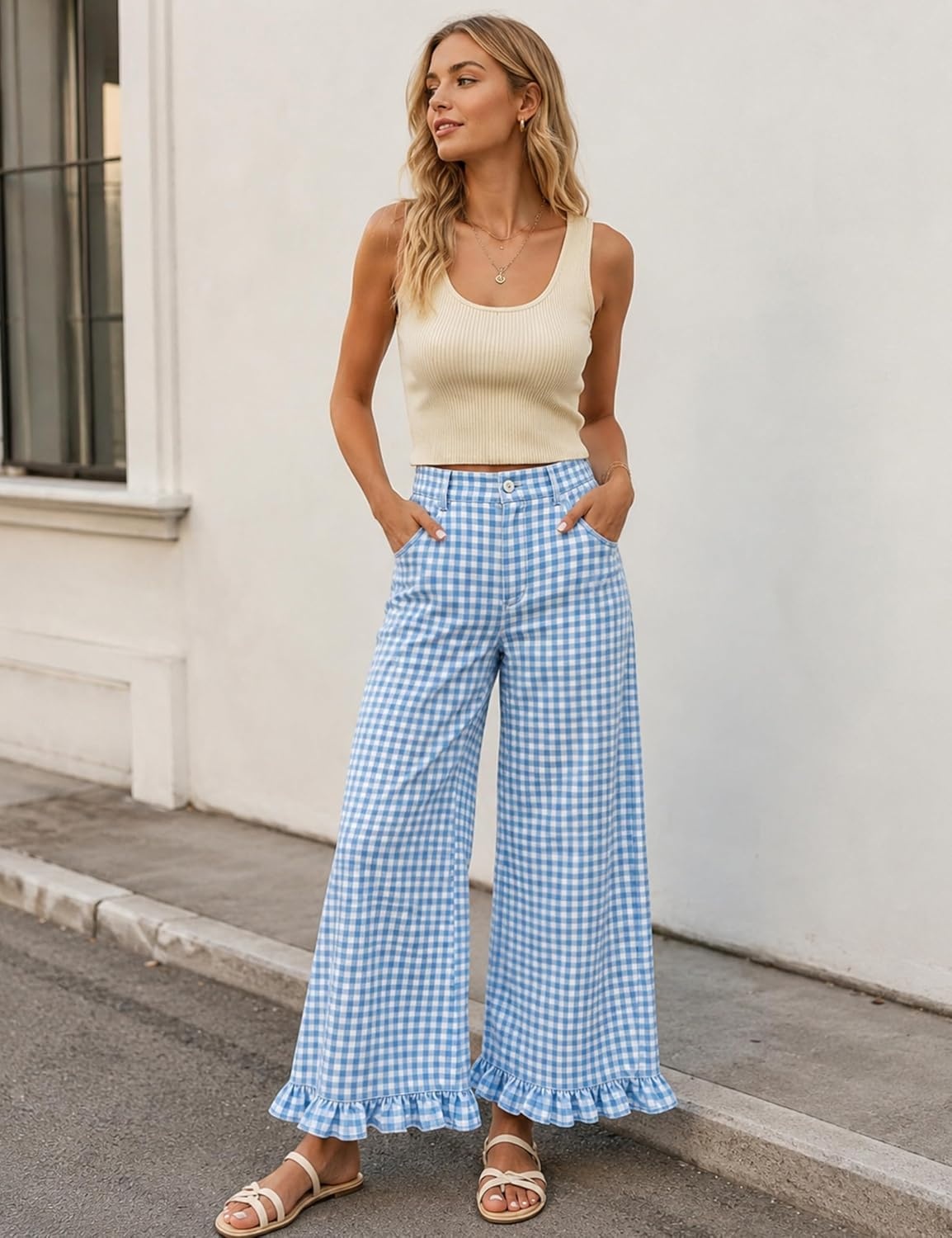 image:imageTanming Womens Gingham Pants Casual Cotton Wide Leg Ruffle Hem Lounge Pants Plaid Trousers with PocketsBlue