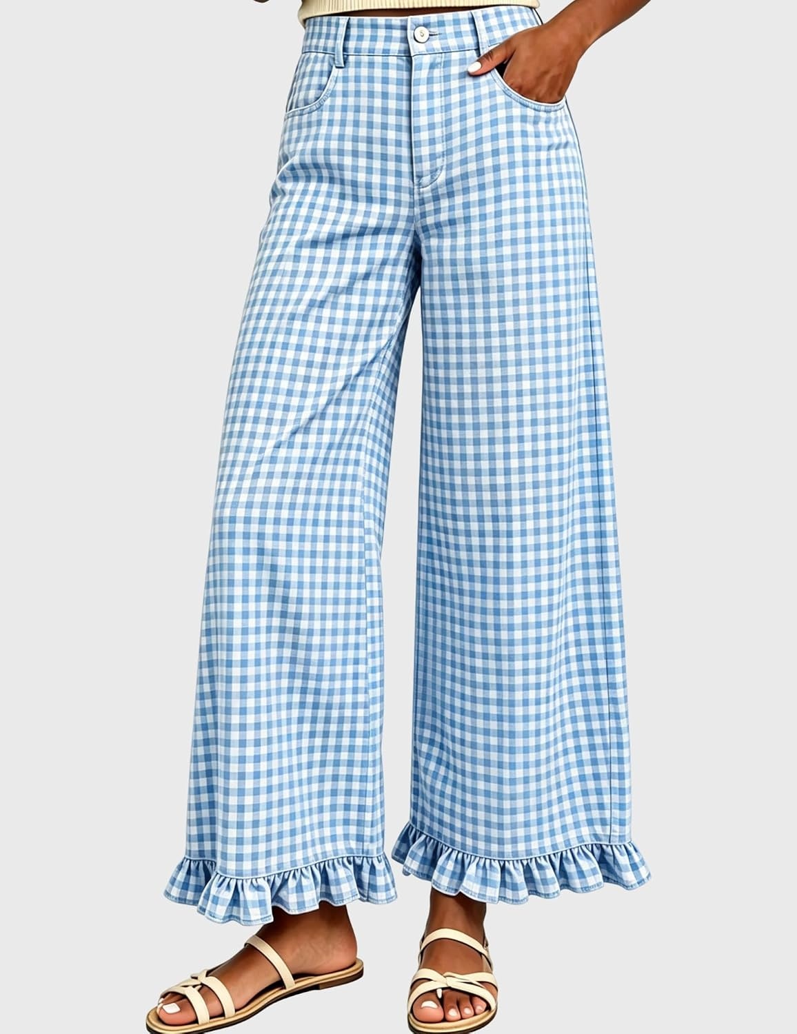 image:imageTanming Womens Gingham Pants Casual Cotton Wide Leg Ruffle Hem Lounge Pants Plaid Trousers with PocketsBlue