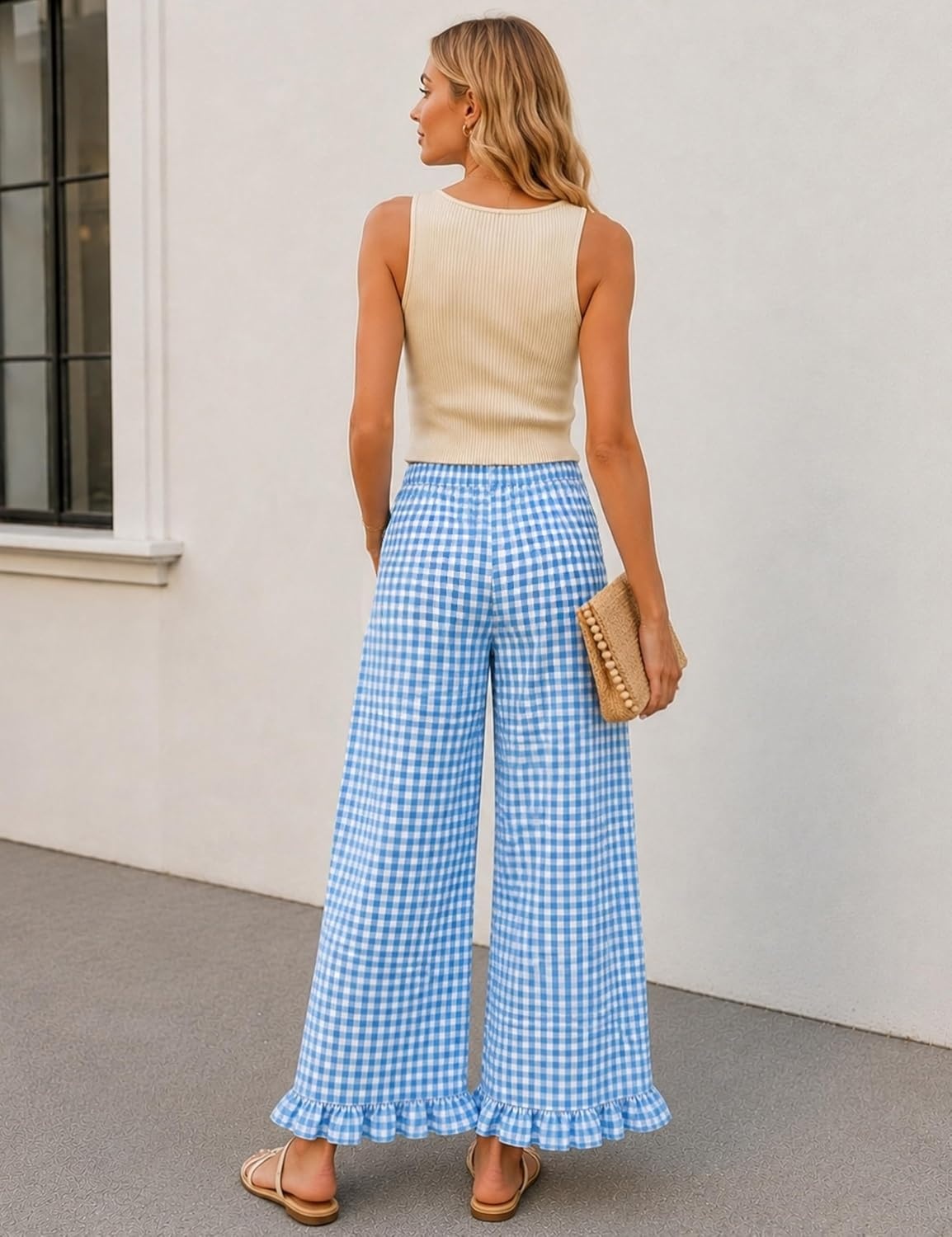 image:imageTanming Womens Gingham Pants Casual Cotton Wide Leg Ruffle Hem Lounge Pants Plaid Trousers with PocketsBlue