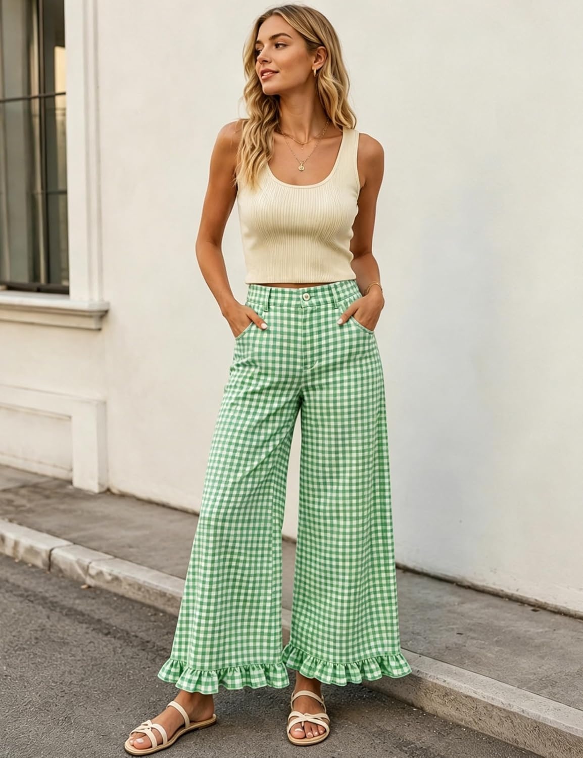 image:imageTanming Womens Gingham Pants Casual Cotton Wide Leg Ruffle Hem Lounge Pants Plaid Trousers with PocketsGreen