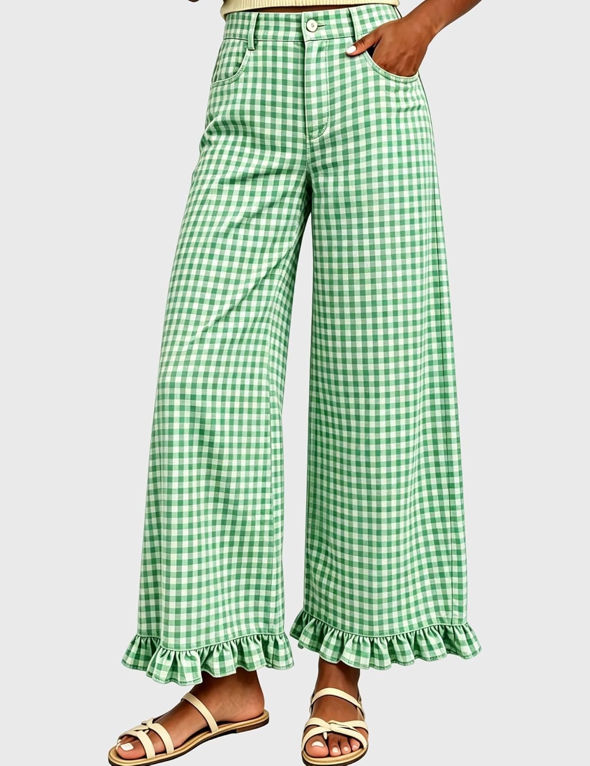 image:imageTanming Womens Gingham Pants Casual Cotton Wide Leg Ruffle Hem Lounge Pants Plaid Trousers with PocketsGreen